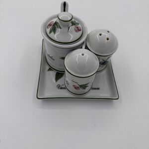 Apilco Elysian Garden Cruet Set Salt & Pepper Shaker Mustard Jar Spoon & Tray